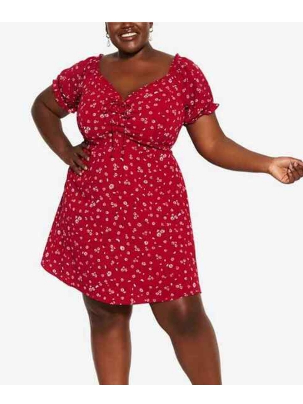 City Chic Red Floral Mini Dress with Puff Sleeves